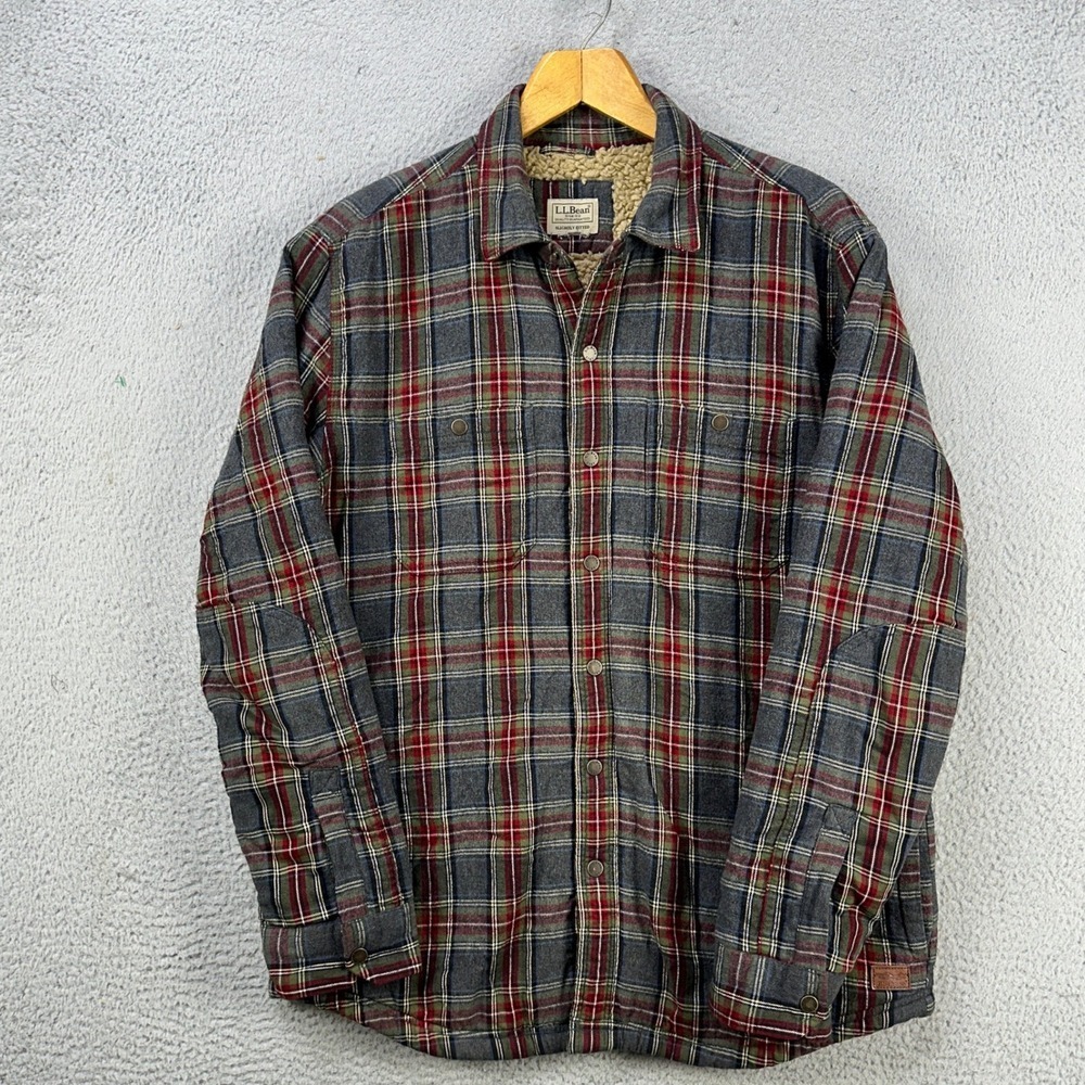 L.L. Bean Sherpa Lined Shirt Jacket Mens XL Red Plaid Slightly Fitted Shacket